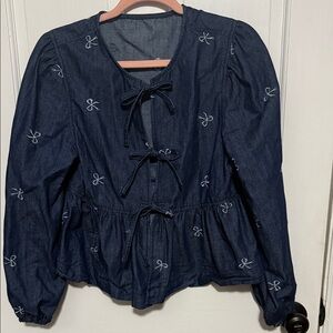 Blue Denim Bow-Accent Blouse